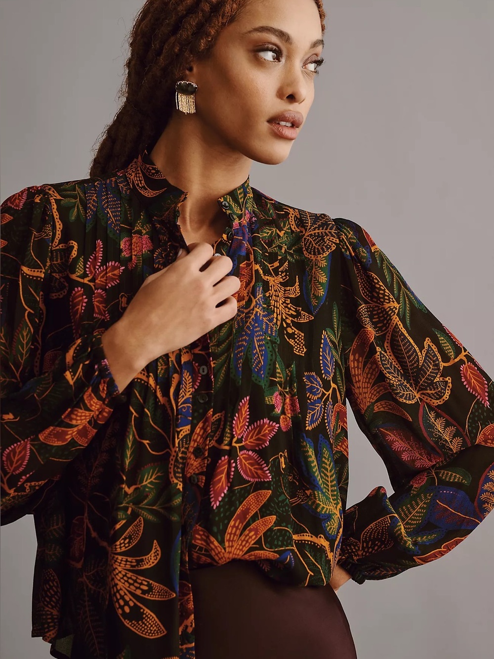 FARM Rio XL Mock Neck Billow Blouse Colorful Botanical Floral Boho
